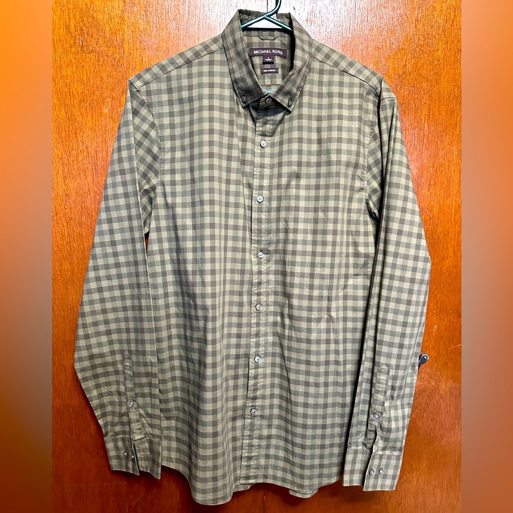 Michael Kors Men’s Long Sleeve Button up Plaid Trim Stretch Shirt